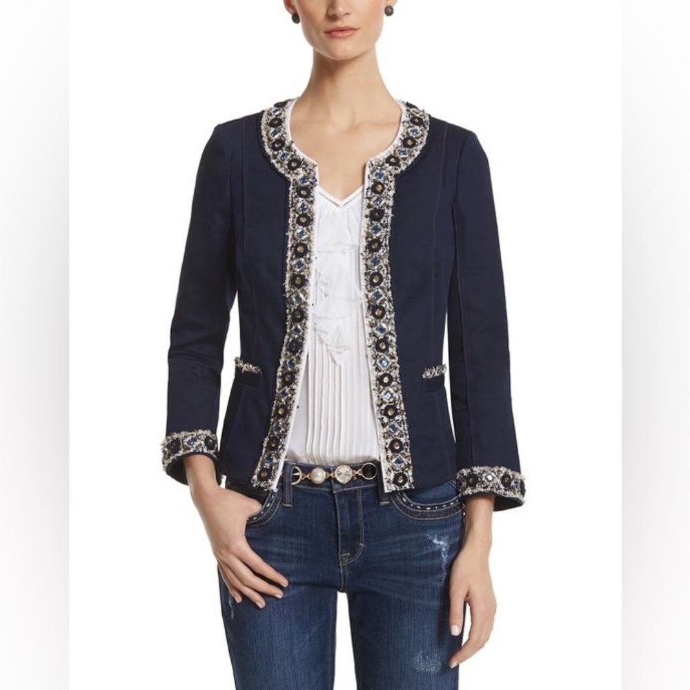 White House Black Market Navy Blue Embellished Hook Front Blazer Jacket Womens 0